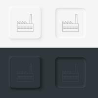 Building factory outline icon. Neumorphic style button vector iconon black and white background set