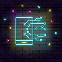 Mobile, smart icon , neon on wall. Dark background brick wall neon icon. vector