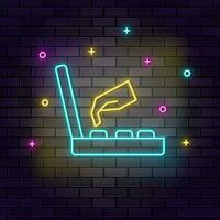 Game retro console arcade hand neon on wall. Dark background brick wall neon icon. vector