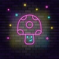 Video game mushroom retro arcade neon on wall. Dark background brick wall neon icon. vector