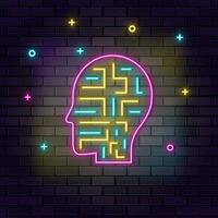 Mechanism, robot, man icon , neon on wall. Dark background brick wall neon icon. vector