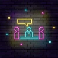 Business meeting, job interview, multicolor neon icon on dark brick wall. vector