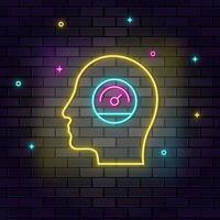 Human mind, performance, productivity, multicolor neon icon on dark brick wall. vector