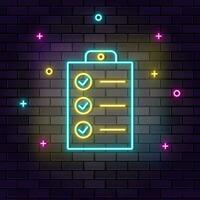 Checklist, tasks, multicolor neon icon on dark brick wall. vector