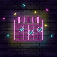 Calendar, deadline, multicolor neon icon on dark brick wall. vector