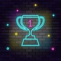 Achievement, award, multicolor neon icon on dark brick wall. vector