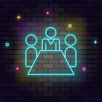 Business meeting, conference, multicolor neon icon on dark brick wall. vector