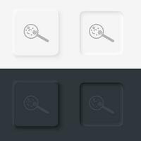 Virus, magnifier, neomorphism style, vector icon with button. On black and white background