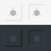 Molecules, neomorphism style, vector icon with button. On black and white background