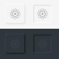 Atoms, neomorphism style, vector icon with button. On black and white background