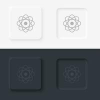 Atoms, neomorphism style, vector icon with button. On black and white background