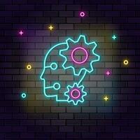 Robot, settings icon , neon on wall. Dark background brick wall neon icon. vector