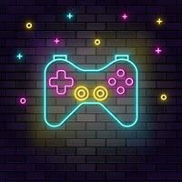 Joystick game controller gaming neon on wall. Dark background brick wall neon icon. vector