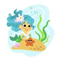 Cute cartoon blue haired mermaid with a starfish vector illustration