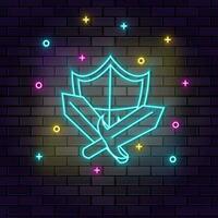 Sward shield retro game element neon on wall. Dark background brick wall neon icon. vector
