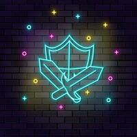 Sward shield retro game element neon on wall. Dark background brick wall neon icon. vector