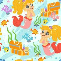 Seamless pattern with mermaid and treasure chest vector