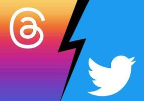 Threads application versus Twitter app. Battle for users between two popular online social networks. Instagram vs Twitter vector logo. Threads is an app by Meta Platforms