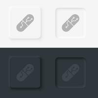 Drugs, smart, neomorphism style, vector icon with button. On black and white background