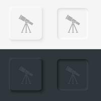 Observatory, telescope, neomorphism style, vector icon with button. On black and white background