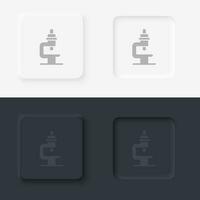 Microscope, neomorphism style, vector icon with button. On black and white background