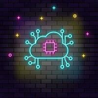 Brain, processor, cloud, network icon , neon on wall. Dark background brick wall neon icon. vector