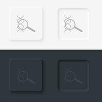 Dna, magnifier, neomorphism style, vector icon with button. On black and white background