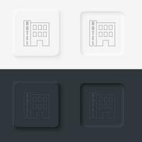 Building hotel outline icon. Neumorphic style button vector iconon black and white background set