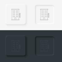 Building hotel outline icon. Neumorphic style button vector iconon black and white background set