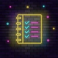 Checklist, list, multicolor neon icon on dark brick wall. vector