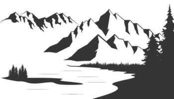 Mountain with pine trees and lake landscape. Slhouette illustration converted to vector