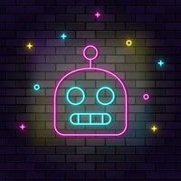 Robot icon , neon on wall. Dark background brick wall neon icon. vector