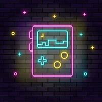 Portable console gaming retro neon on wall. Dark background brick wall neon icon. vector