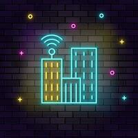 Communication, television, building icon , neon on wall. Dark background brick wall neon icon. vector