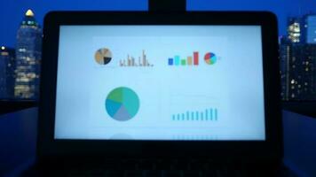 Computer screen desk showing business data charts diagrams in city office at night video