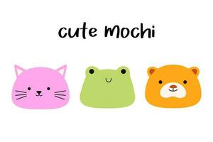 Set cute animal mochi. Cat, frog, bear cartoon characters. Japanese sweets and desserts. Kawaii print. Isolated on white background. Vector illustration.