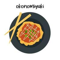 okonomiyaki, japonés estilo panqueques o pizza, popular japonés tradicional alimento. plano vector ilustración aislado en blanco antecedentes.