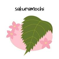 Sakuramochi. Rice mochi with a red bean paste center and wrapped in sakura leaf. Traditional japanese dessert. Asian sweet food. Flat vector illustration isolated on white background.