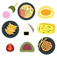 Japanese traditional food. Gyoza, ramen, okonomiyaki on black plate. Dango, mochi, kusa mochi, onigiri, daifuku, tamagoyaki. Asian food in flat detailed style. vector