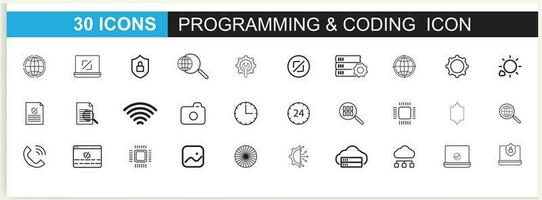 Developer icon set. Included the icons as code, programmer coding, mobile app, API, node connect, flow, logic, and web coder Vector. vector