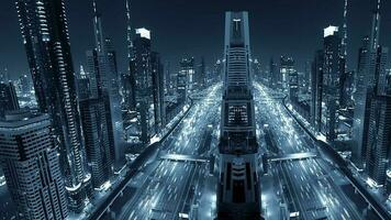 Zeit Ablauf von modern futuristisch Stadt Horizont und Straße Auto der Verkehr video