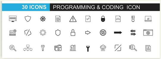 Developer icon set. Included the icons as code, programmer coding, mobile app, API, node connect, flow, logic, and web coder Vector. vector