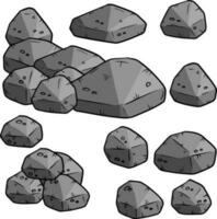 Set of gray cartoon granite stones of different shapes. Element of nature, mountains, rocks, caves on white background. Minerals, boulder and cobble vector