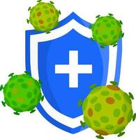 Prevention and treatment of disease and infection. Shield and bacteria. Medical icon. Safety and protection. Flat illustration. Green virus Protection. Guards and security vector