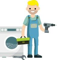 Plumber repairs washing machine. Breakdown of household appliances. Worker with a wrench, tool. Service and fix. Toolbox in hand. Problem with Laundry. vector