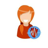 Shield with heart. Health of cardio system. Happy patient character. Smiling woman. Medical icon. Flat cartoon illustration isolated on white background vector