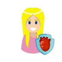 Shield with heart. Health of cardio system. Happy patient character. Smiling woman. Medical icon. Flat cartoon illustration isolated on white background vector