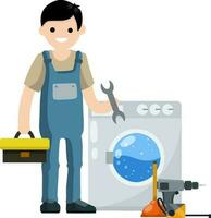 Plumber repairs washing machine. Breakdown of household appliances. Worker with a wrench, tool. Service and fix. Toolbox in hand. Problem with Laundry. vector