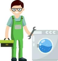 Plumber repairs washing machine. Breakdown of household appliances. Worker with a wrench, tool. Service and fix. Toolbox in hand. Problem with Laundry. vector