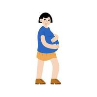 Pregnant woman hold her stomach. Modern character run with big belly. Pregnancy and motherhood. Flat cartoon illustration vector